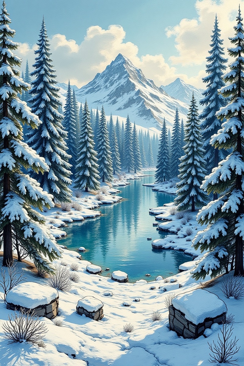Drone view of winter landscape with pine forest covered with snow and mountain lake. Snowy fir tree in beauty nature scene...
