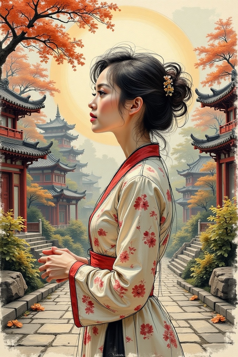 chinese beautiful young woman portrait at dawn in a chinese garden,  masterpiece,  in the style of Anja Millen on Tensor.Art