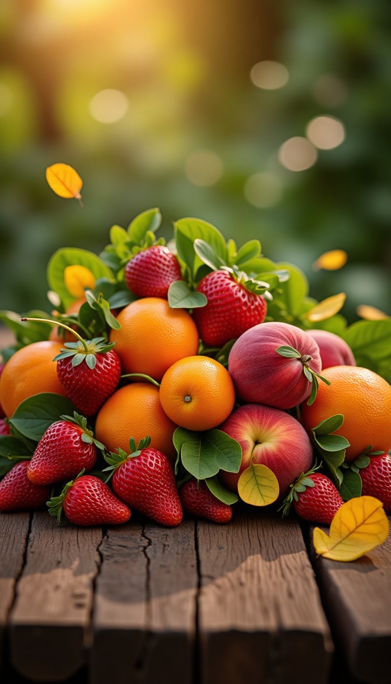 A warm and inviting still life scene: a colorful arrangement of juicy fruits sits atop a rustic wooden table,  bathed in s...