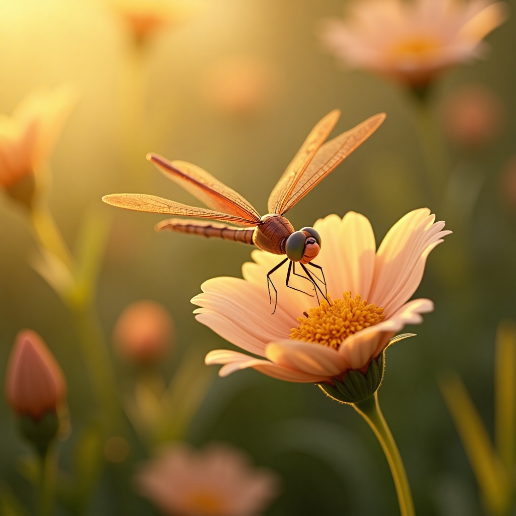 A whimsical animation depicting a majestic dragonfly perched on a delicate flower petal,  its iridescent wings spread wide...