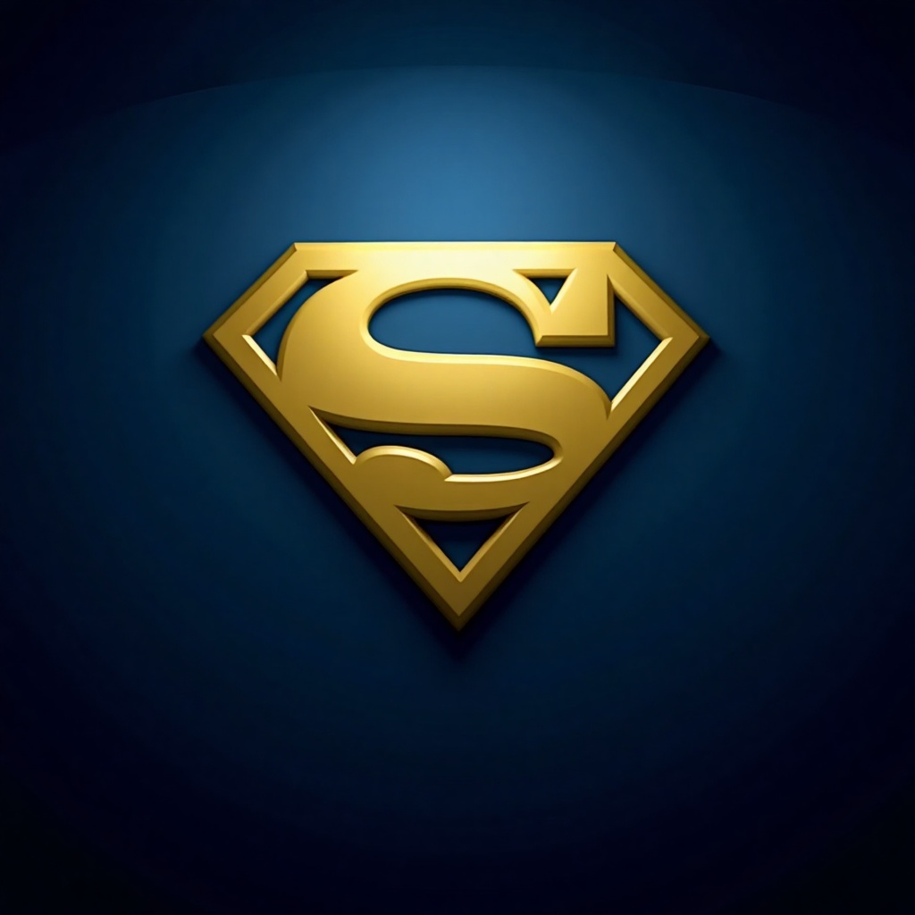 A close-up shot of Superman's iconic logo on a dark blue background,  with bold yellow letters and a stylized 'S' shield g...