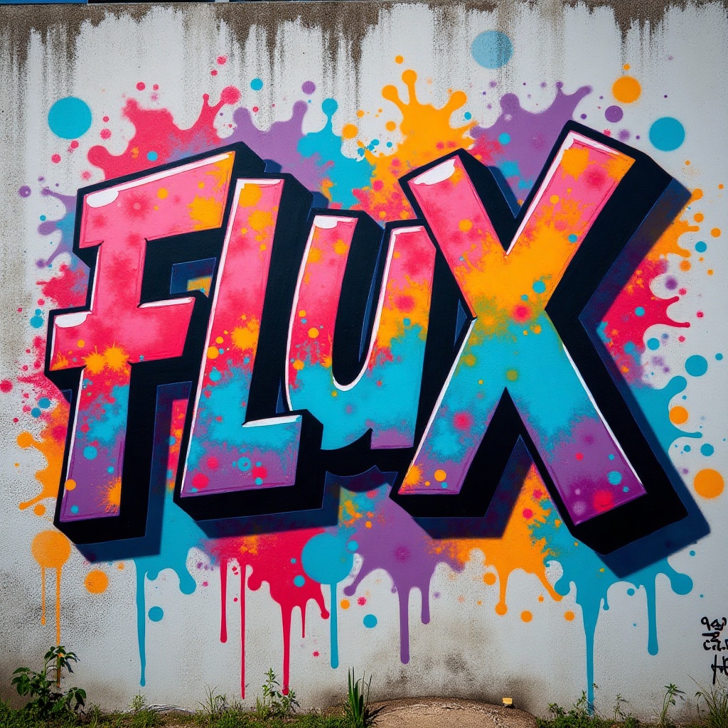 A vibrant and dynamic street art scene: a bold,  graffiti-style text FLUX.1CND sprawls across the worn concrete wall,  its...