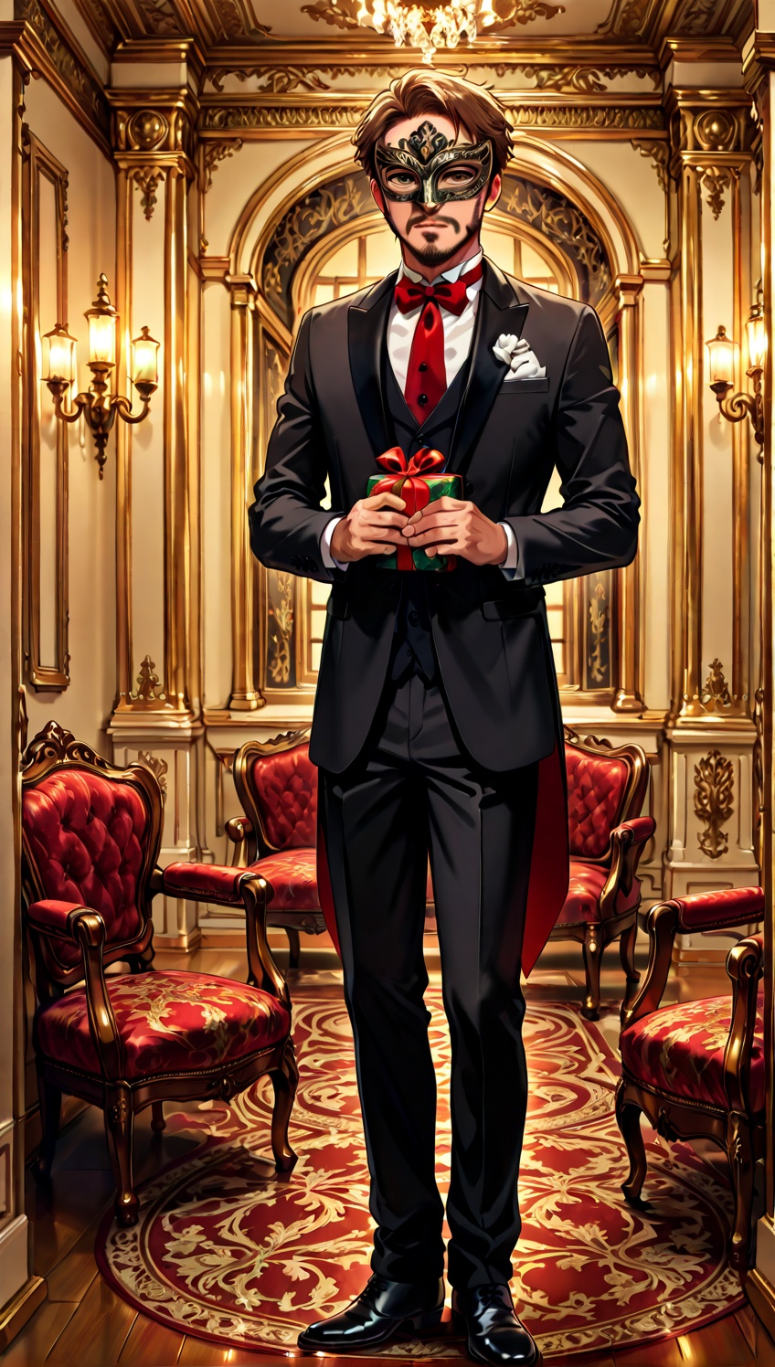 (A man holds in his hands a big gift box wrapped with a red ribbon,  a ribbon bow is visible on the top of the box). Man i...