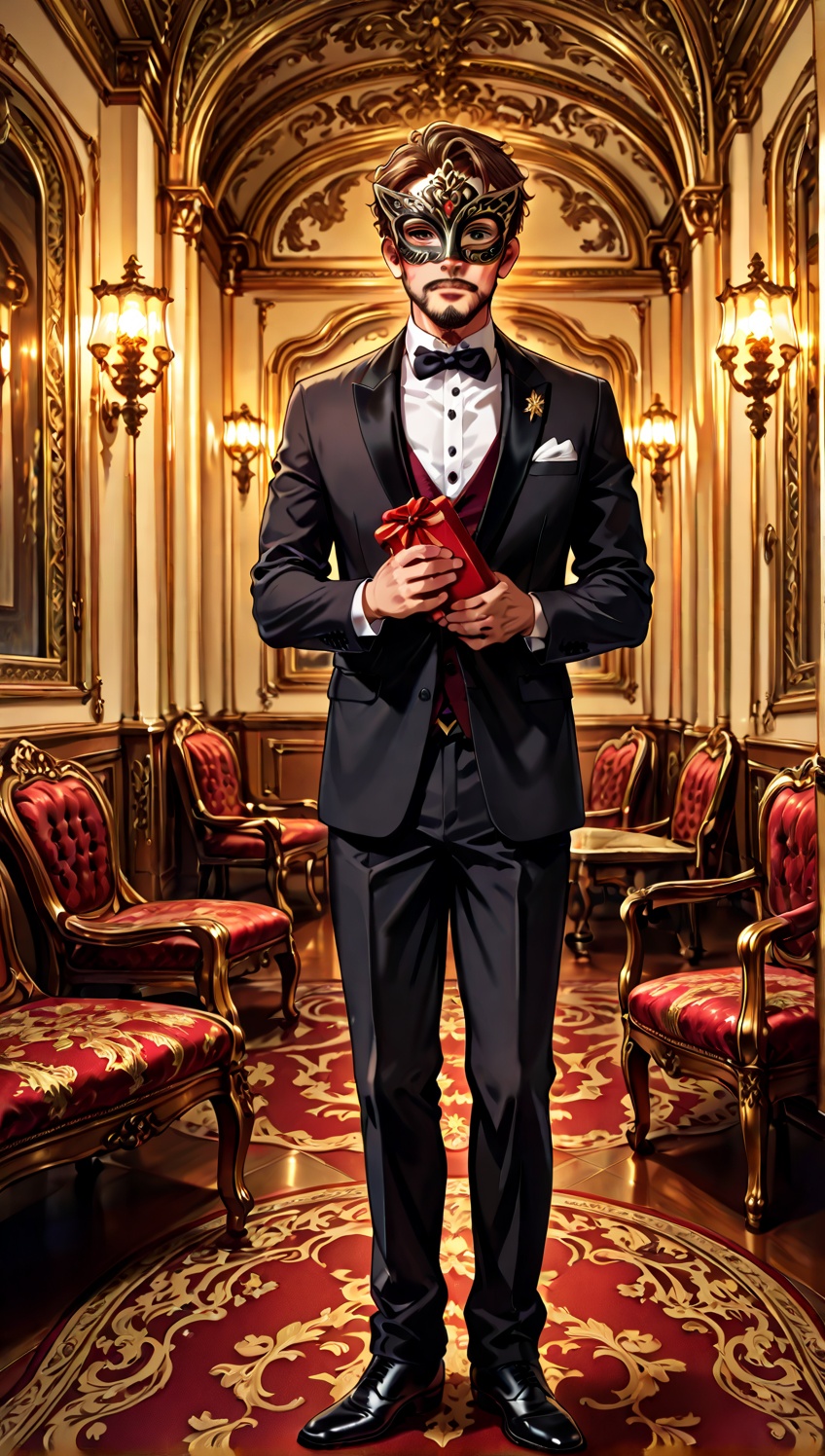 (A man holds in his hands a big gift box wrapped with a red ribbon,  a ribbon bow is visible on the top of the box). Man i...