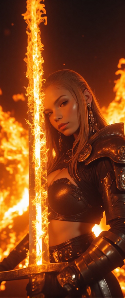 realistic,  PHOTOREALISTIC,  A 70mm lens photograph of a stunning Scene setting: The Valkyrie stands surrounded by flames...