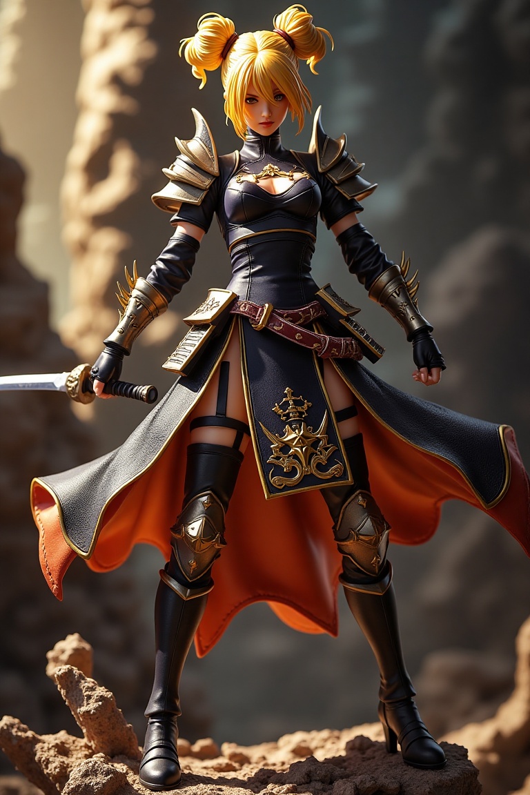 A detailed Luna Valentine figurine,  with blonde hair styled into two high buns,  wearing a bold warrior dress with armor...
