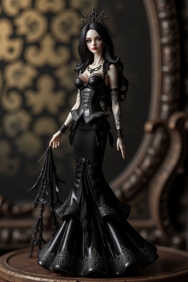 A detailed Luna Valentine figurine,  standing in a graceful pose,  wearing a dark gothic dress with intricate lace on Tens...