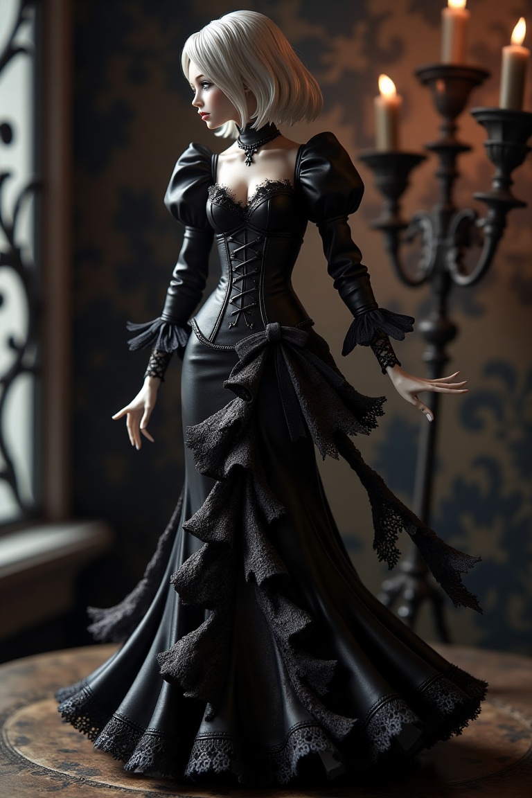 A detailed Luna Valentine figurine,  standing in a graceful pose,  wearing a dark gothic dress with intricate lace on Tens...