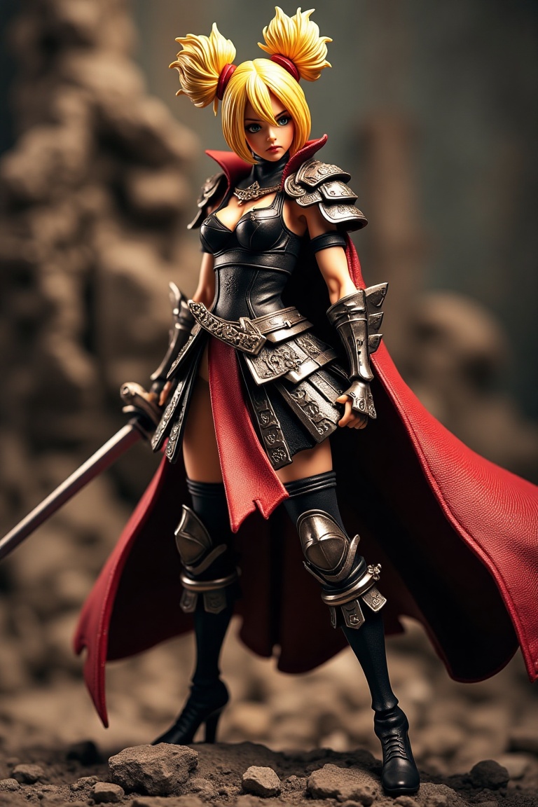 A detailed Luna Valentine figurine,  with blonde hair styled into two high buns,  wearing a bold warrior dress with armor...