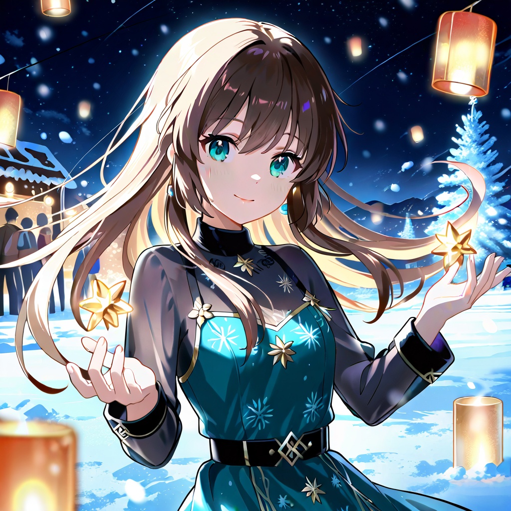 A vibrant anime-style illustration by Fenghua Zhong,  featuring a young woman in a festive Christmas suit dress. She stand...