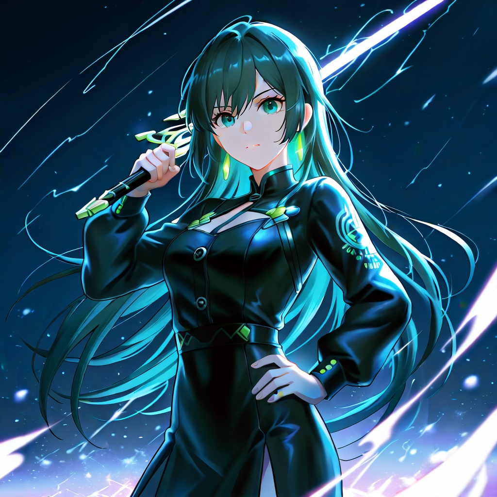 A dynamic anime-style illustration by Fenghua Zhong,  depicting a fierce warrior in a sleek,  futuristic dress suit. She s...