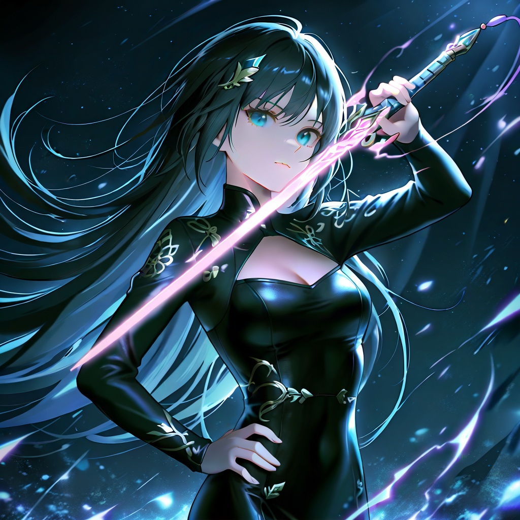 A dynamic anime-style illustration by Fenghua Zhong,  depicting a fierce warrior in a sleek,  futuristic dress suit. She s...