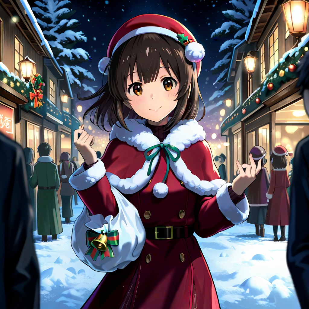 A festive anime-style illustration by Fenghua Zhong,  featuring a cheerful young woman in a Santa Claus dress. She stands...