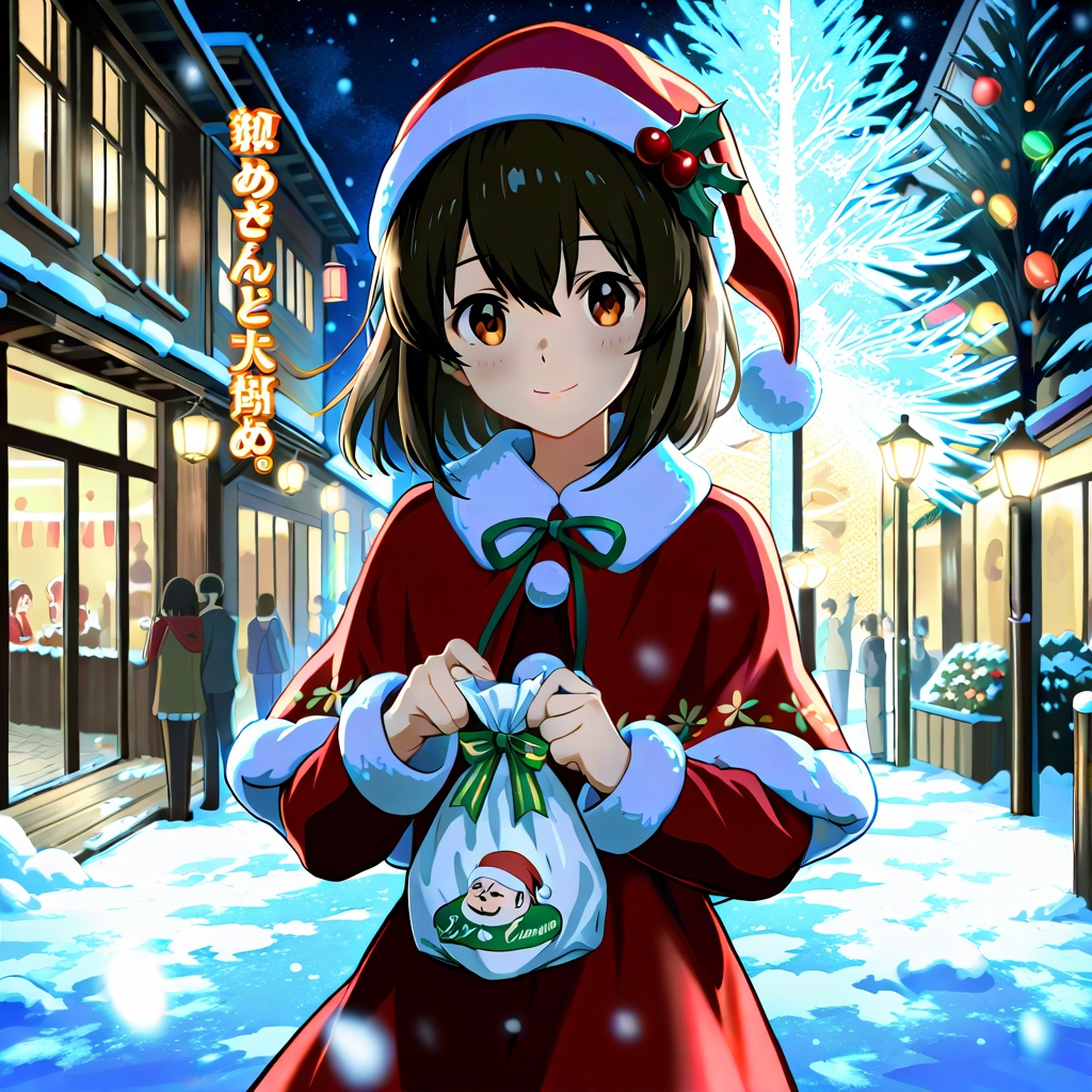 A festive anime-style illustration by Fenghua Zhong,  featuring a cheerful young woman in a Santa Claus dress. She stands...