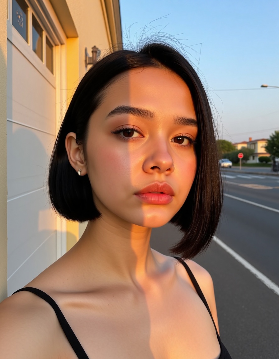 A photograph capturing a young woman standing on a street during what appears to be early evening,  as evidenced by the so...