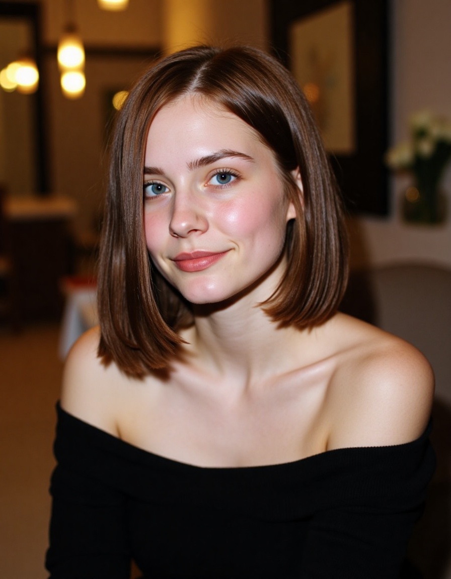 a photograph of a young woman with fair skin and blue eyes,  sitting indoors with a blurred background featuring warm,  gl...