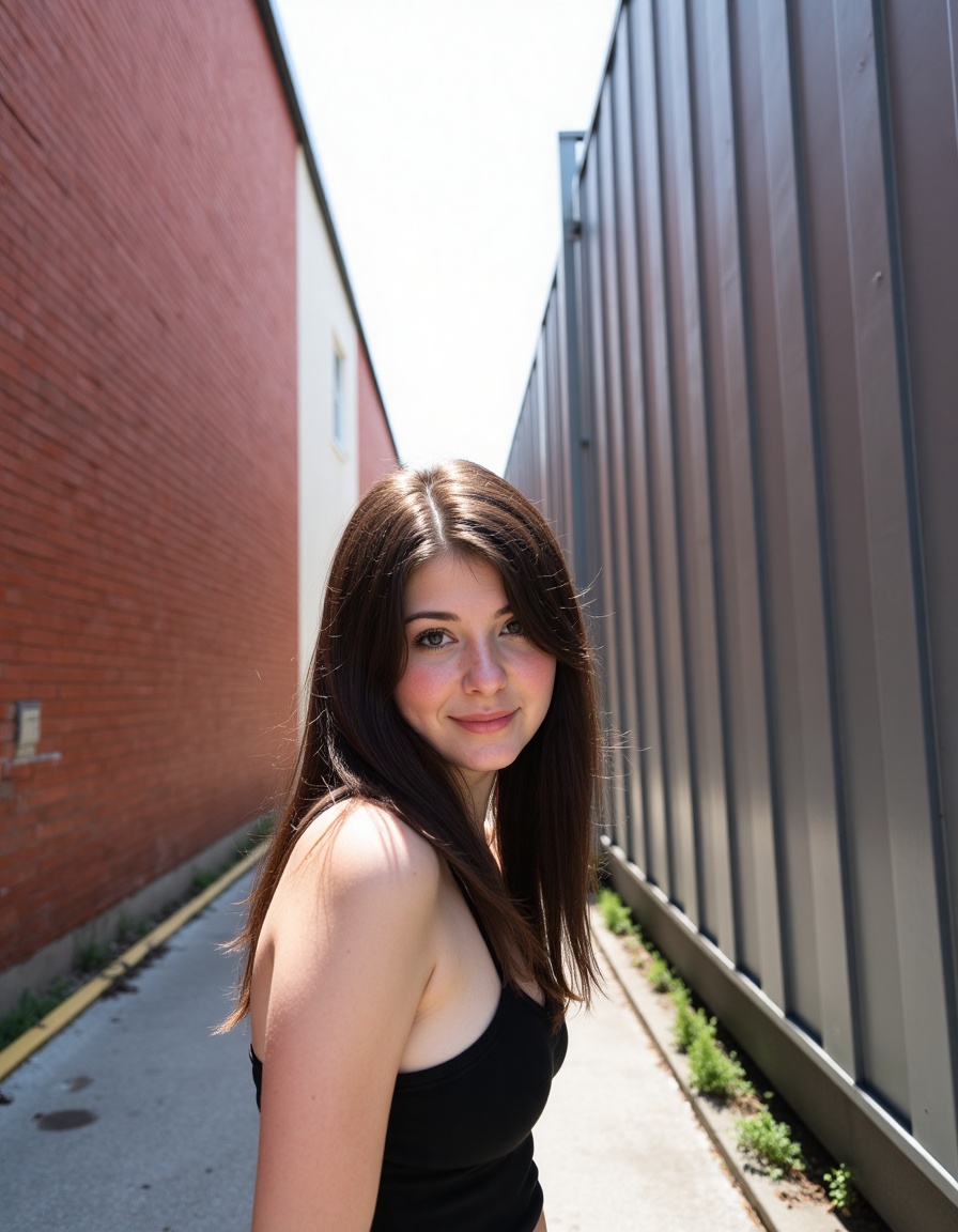A photograph of an young woman standing in a narrow alleyway between two buildings. The alley is sunlit,  with a mix of sh...