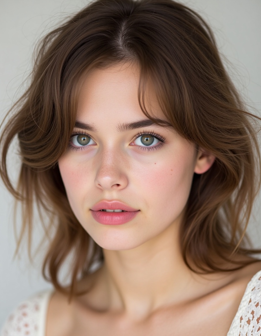A young woman with a delicate and ethereal presence. She has a fair complexion and a slightly pale,  almost porcelain-like...