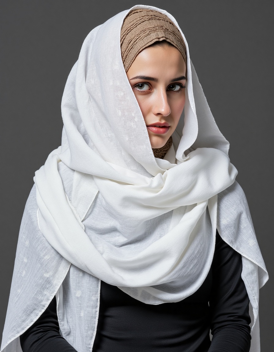 A photograph featuring a woman dressed in a traditional Middle Eastern garment,  specifically a hijab. The woman has a fai...