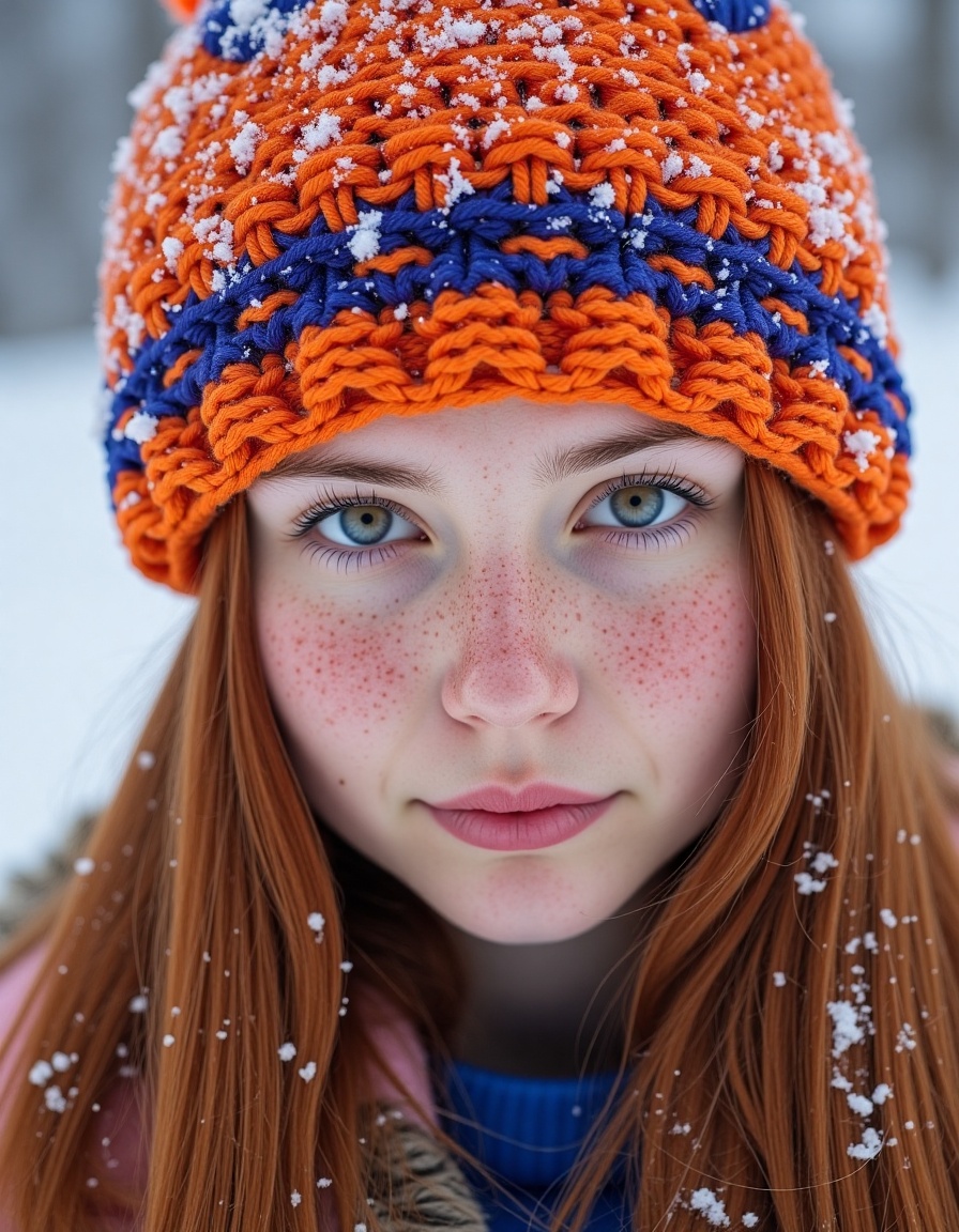 A vibrant,  close-up photograph of a young woman in a snowy winter scene. She is the central subject,  positioned in the f...