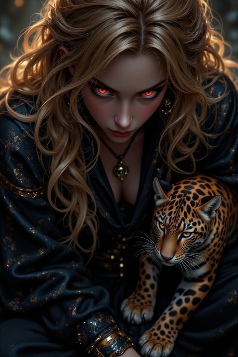 Overhead shot of a detailed,  red-eyed witch with golden hair and techwear. Hyperrealism style. Jaguar paws rest beside he...