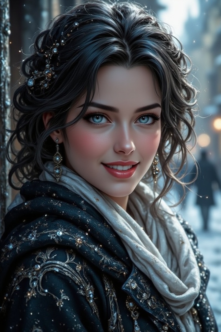A woman with black and white hair,  wearing red lipstick,  smiles warmly. Classicism style on Tensor.Art