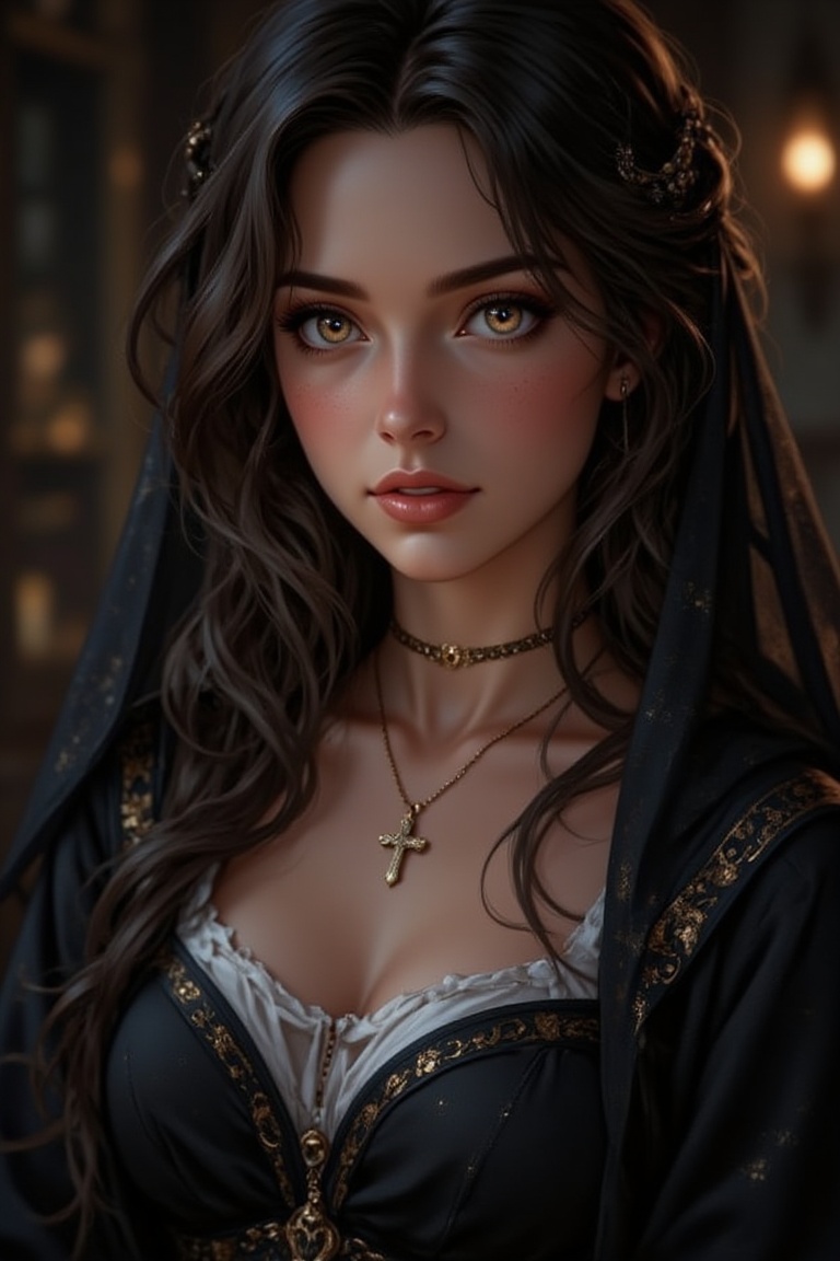 A young nun stands confidently,  her piercing brown eyes locked onto the viewer's gaze. Her long,  dark hair cascades down...