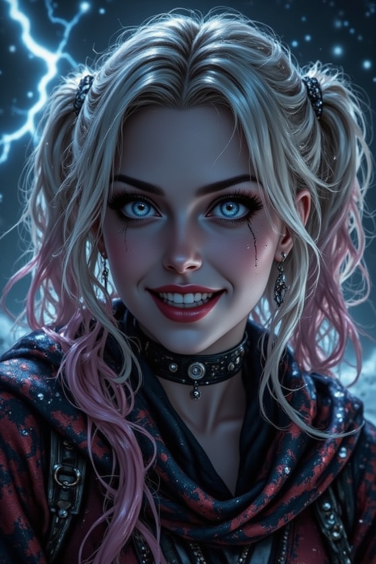 Harley Quinn in a close-up,  realistic style. Snow-capped background with lightning bolts illuminating the sky. Her eyes w...