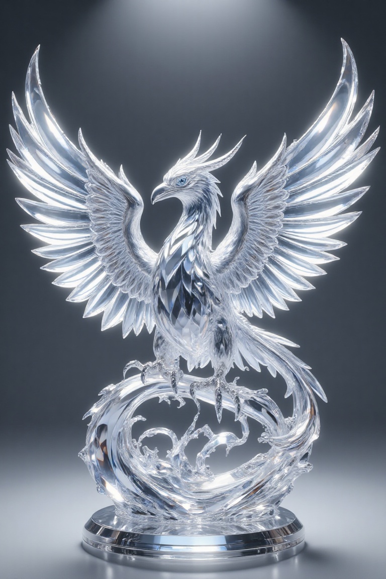 A breathtaking 8K realistic rendering of a crystal glass sculpture of a majestic Garuda bird with its wings fully spread,...