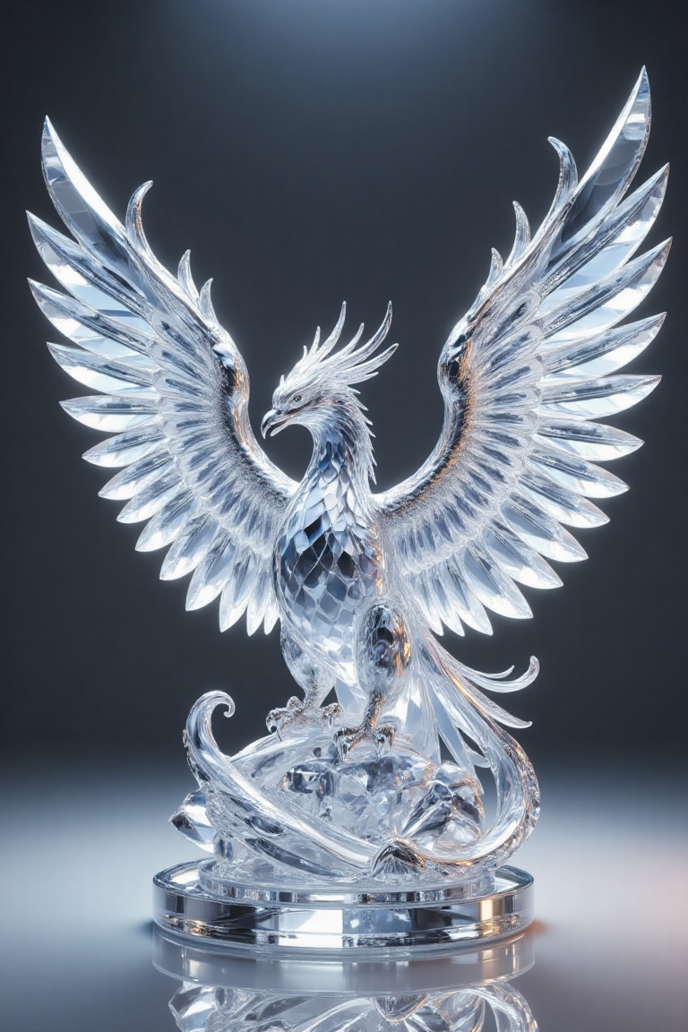 A breathtaking 8K realistic rendering of a crystal glass sculpture of a majestic Garuda bird with its wings fully spread,...