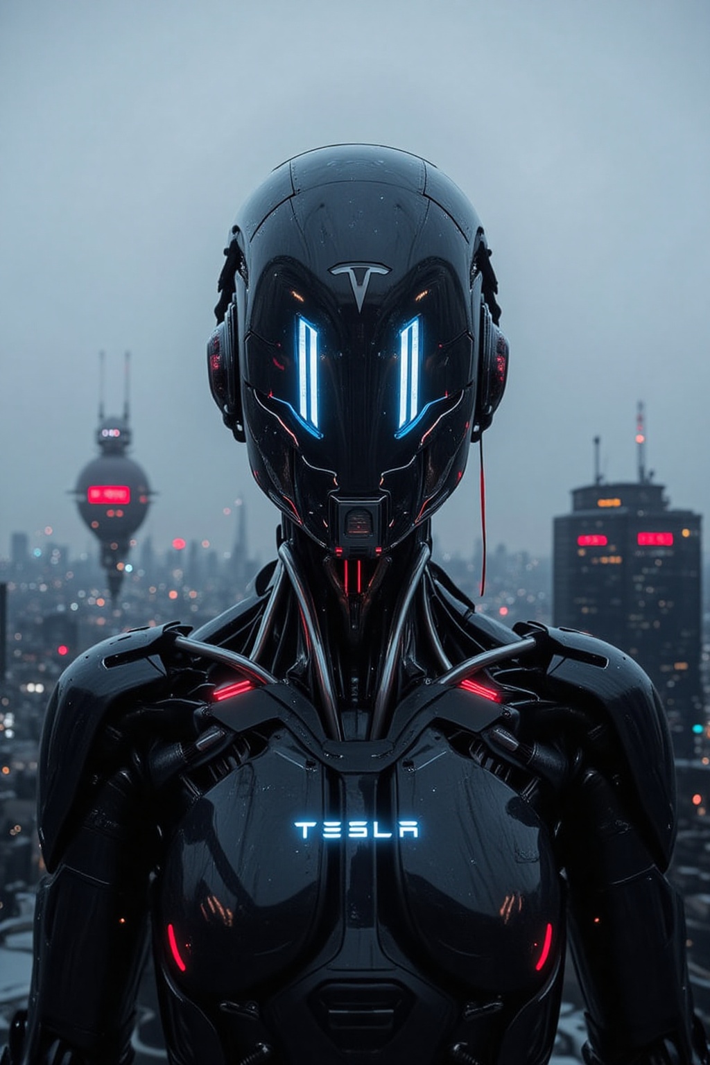 A futuristic Tesla robot with a smooth,  reflective chrome helmet that curves elegantly,  featuring two vertical on Tensor...