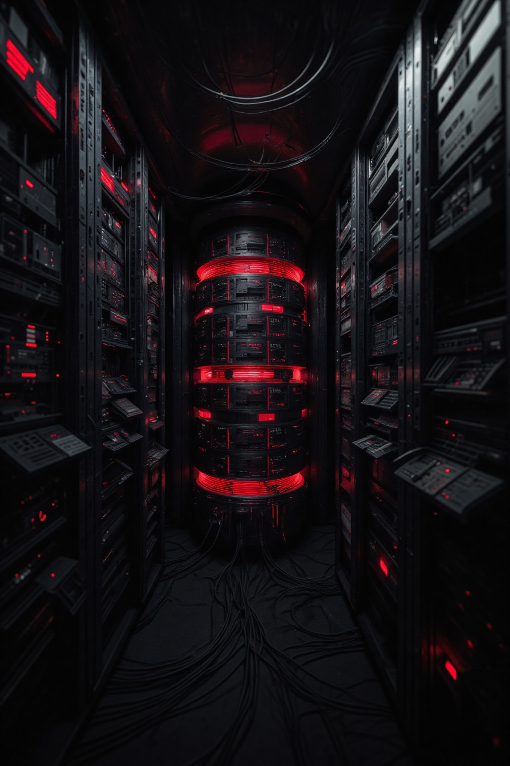 FuturEvoLab_Red,  a vibrant red light fills the center of the room,  adding a pop of color to the otherwise otherwise mono...