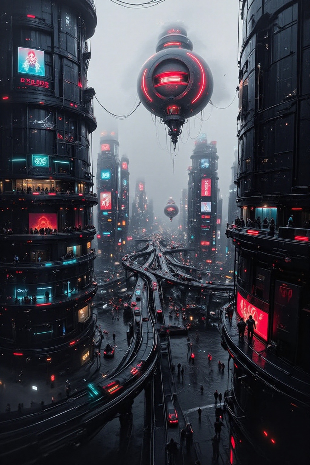 FuturEvoLab_Red,  A futuristic cityscape featuring a massive,  multi-layered sky highway system weaving between towering s...