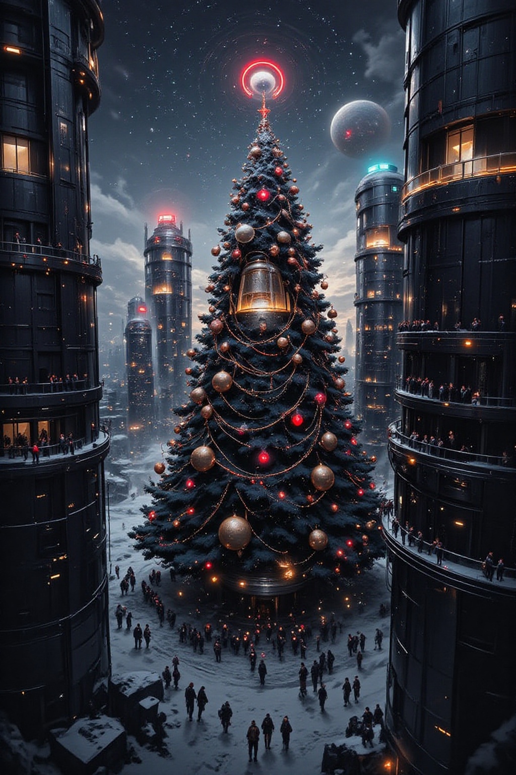 A majestic Christmas tree,  adorned with giant bells,  stands tall amidst a futuristic cityscape at dusk. The twinkling li...