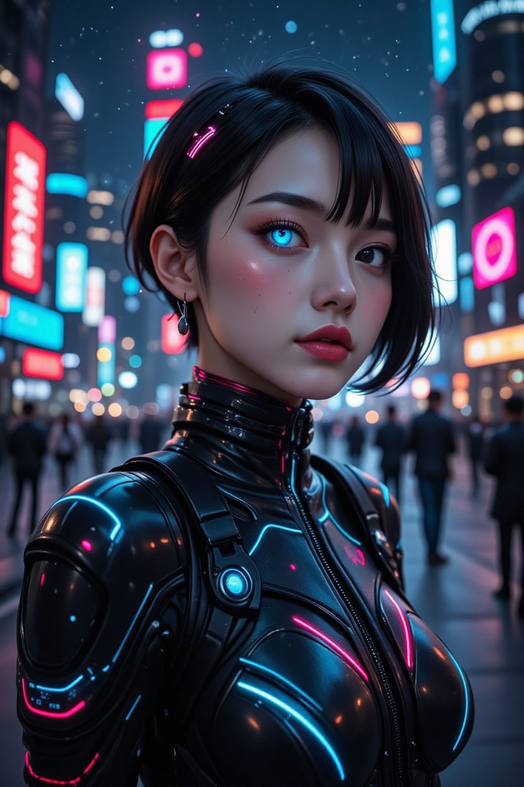 A close-up of a stunning woman with luminous porcelain skin,  wearing a sleek,  high-collared black jacket adorned with gl...