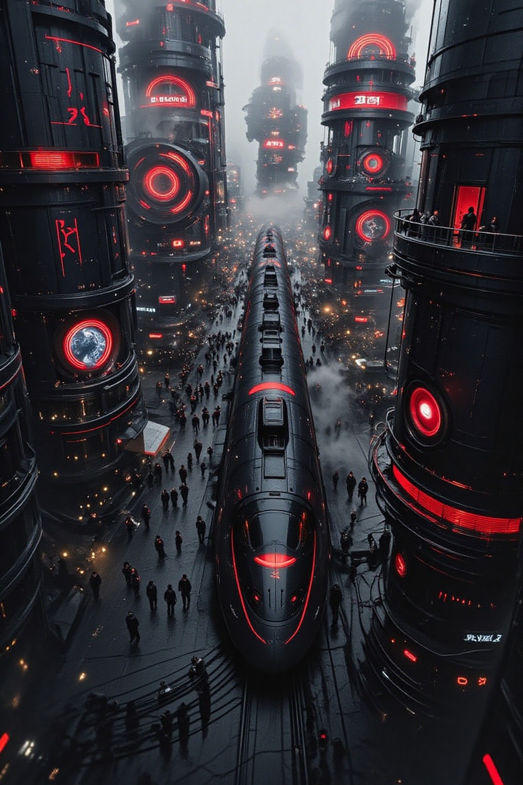 FuturEvoLab_Red,  A highly detailed cyberpunk cityscape viewed from above,  showcasing a futuristic urban environment with...
