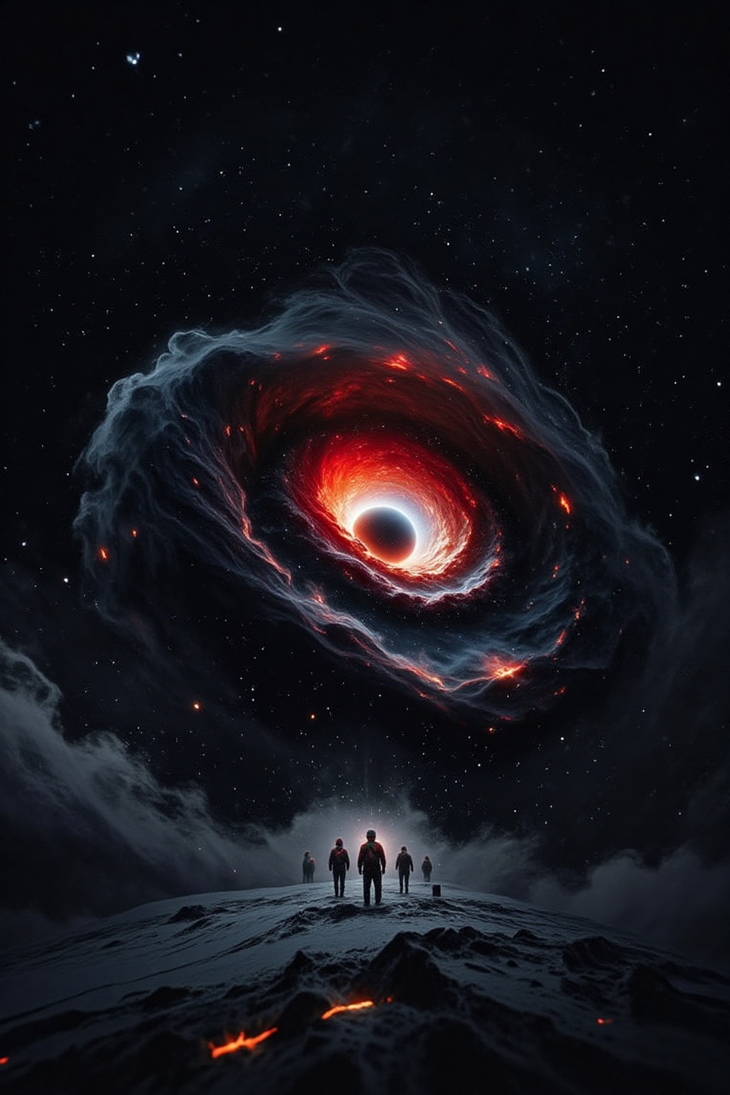 FuturEvoLab_Red,  A breathtaking cosmic scene featuring a massive swirling galactic vortex in space. The vortex is surroun...