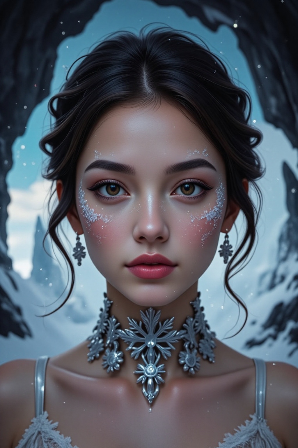 A photorealistic close-up of a woman with delicate snowflake designs painted across her cheeks and temples in shimmering w...