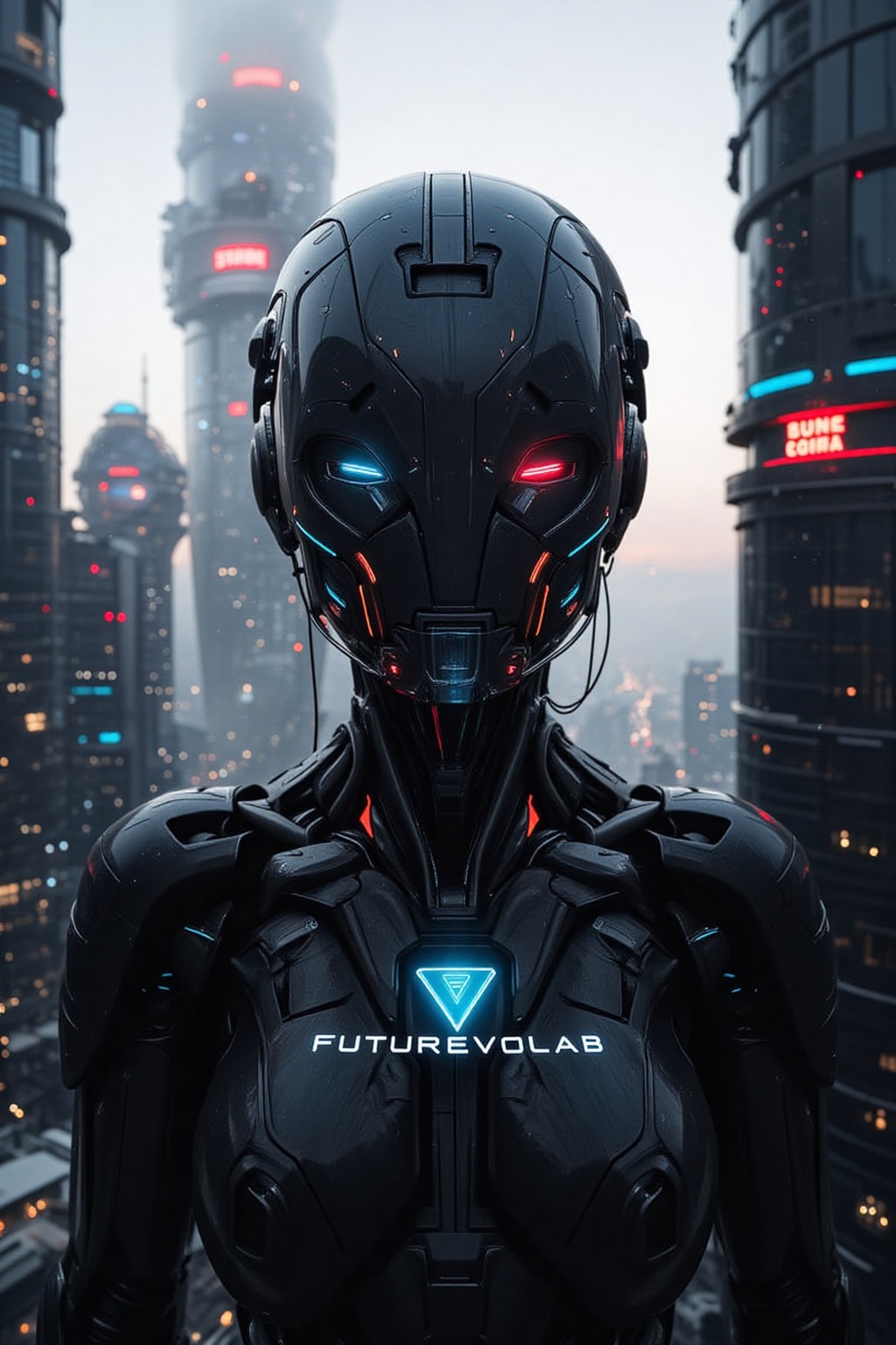 A high-tech humanoid robot with a reflective jet-black helmet shaped like a smooth,  featureless dome. A faintly glowing t...