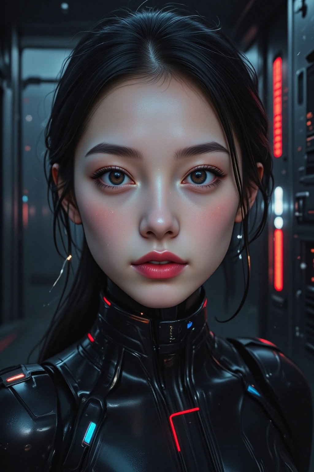 A close-up of a woman with flawless,  glowing skin and glossy black lips. Her face is partially illuminated by soft white...