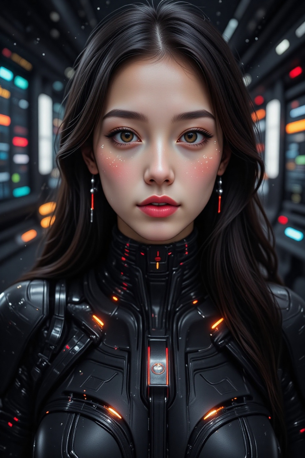 A close-up of a captivating woman with smooth porcelain skin and shimmering metallic lips. Her long,  jet-black hair casca...