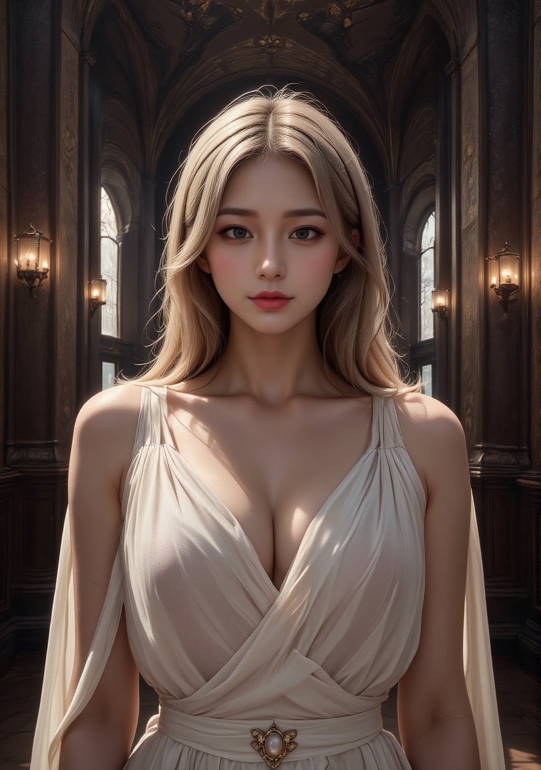 Scene Description: A 25-year-old woman stands in an ancient,  majestic palace,  exuding an aura of elegance and strength....