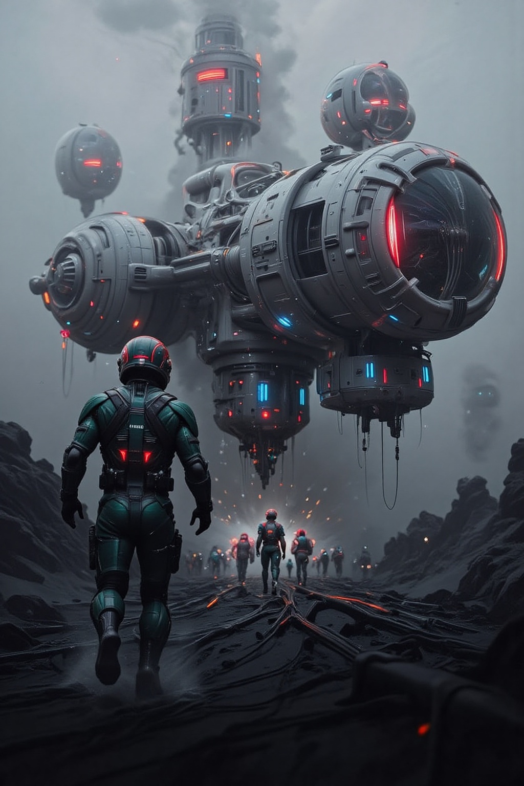 A futuristic,  cinematic CGI-rendered scene set in a dystopian sci-fi environment. The foreground features a humanoid figu...