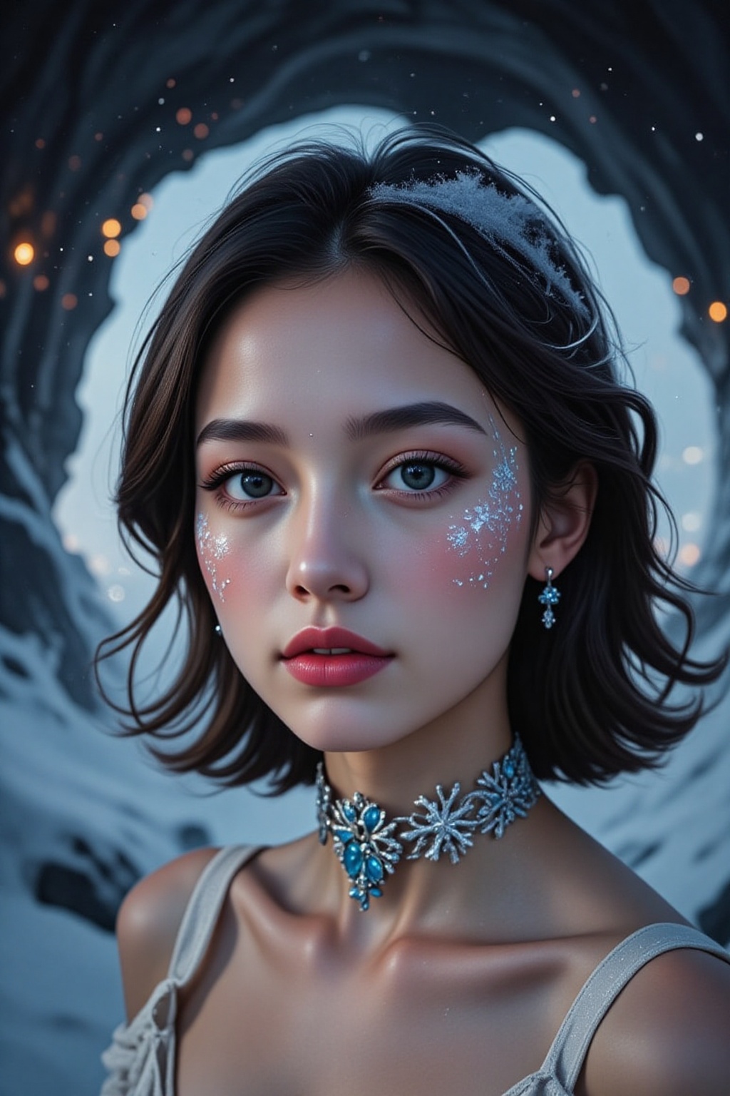 A photorealistic close-up of a woman with delicate snowflake designs painted across her cheeks and temples in shimmering w...