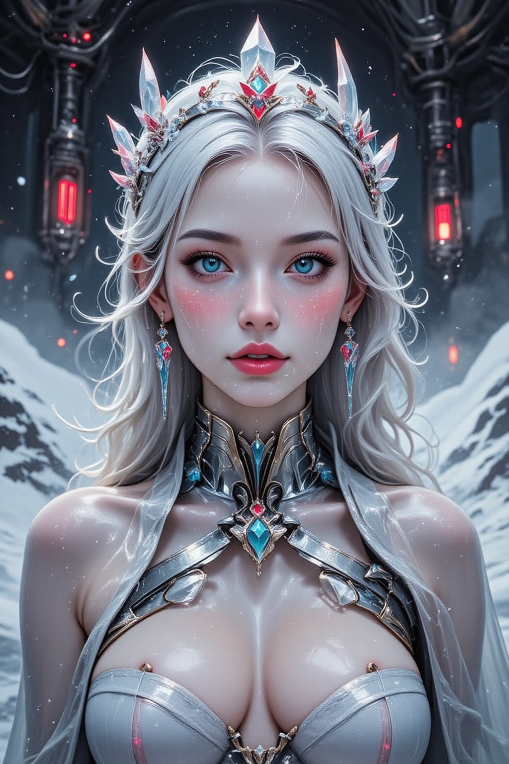 FuturEvoLab_Red,  A hyper-realistic close-up of a regal woman with flawless,  glowing skin and frosty silver makeup. Her i...