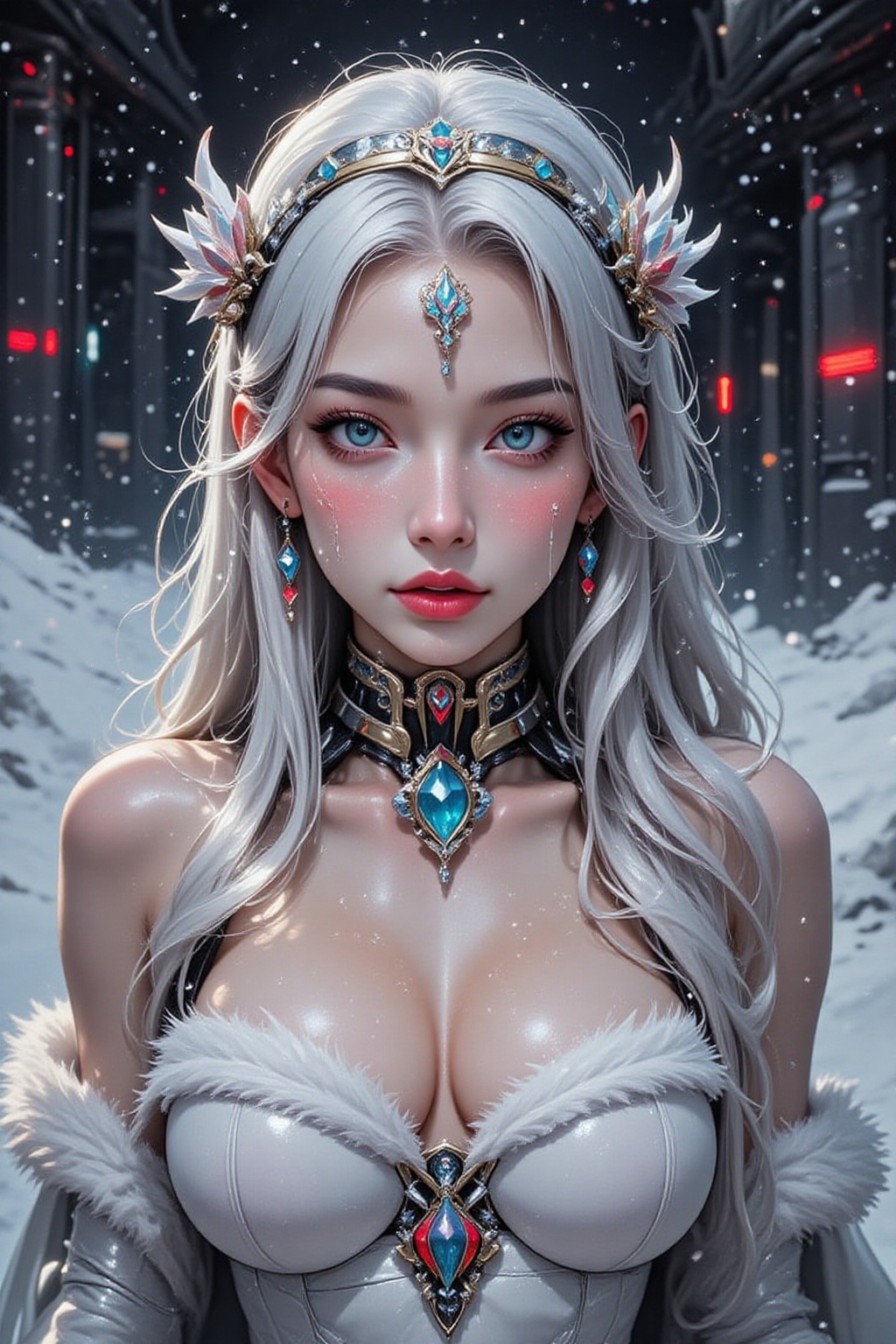 FuturEvoLab_Red,  A captivating woman with radiant skin and icy blue eye makeup,  her glossy lips shimmering like fresh sn...
