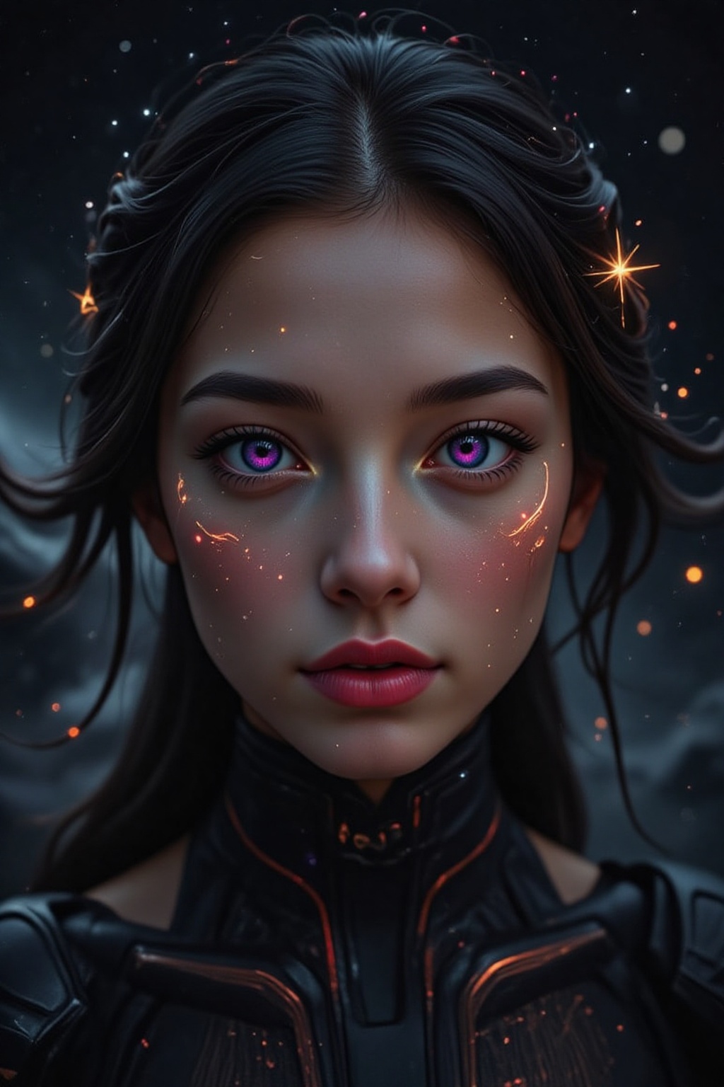 A striking close-up of a woman’s face adorned with intricate glowing gold patterns that trace her cheeks and forehead like...