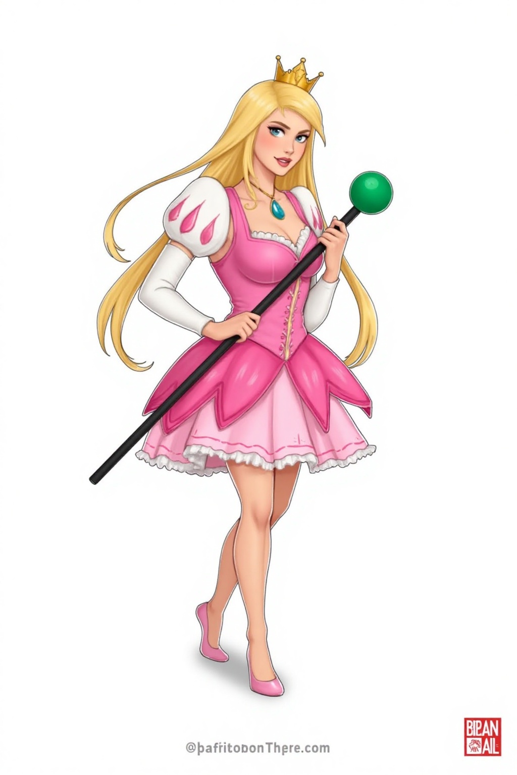 Pqtatochip_style,  A cartoon drawing of a blonde woman with long blonde hair and a crown on her head. She is wearing a pin...