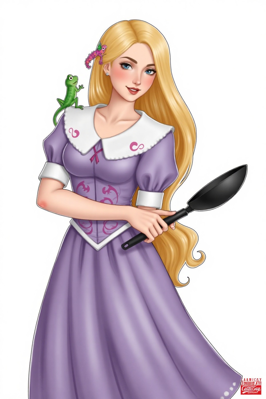 Pqtatochip_style,  A cartoon drawing of a woman with long blonde hair. The woman is wearing a purple dress with a white co...