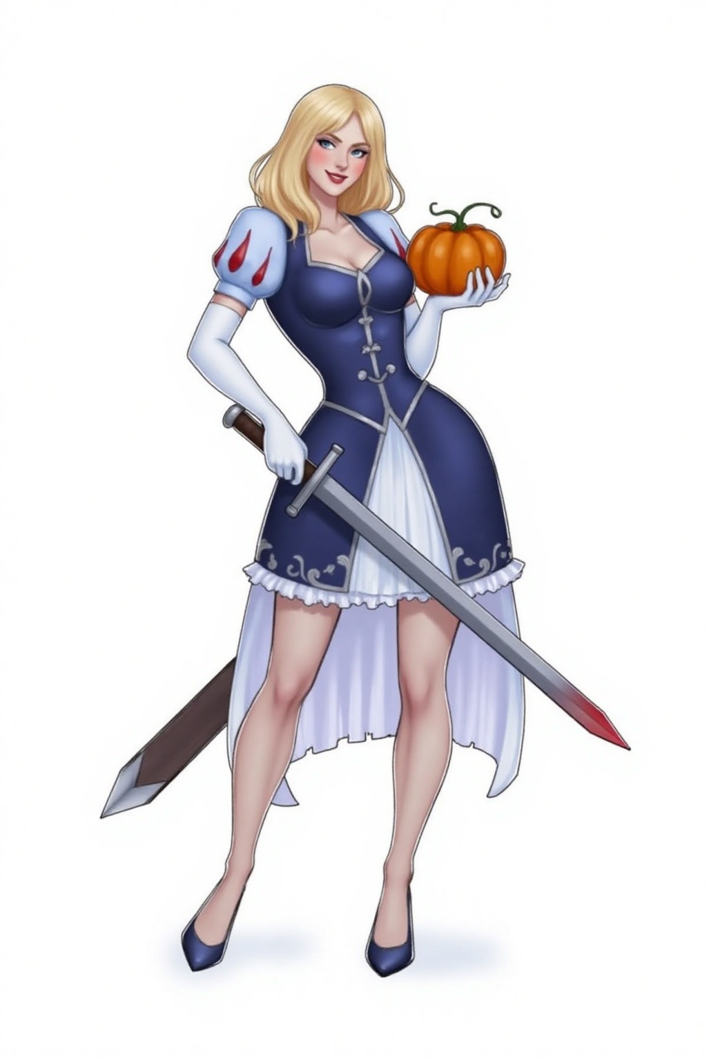 Pqtatochip_style,  A cartoon drawing of a blonde woman in a blue dress with white gloves on her hands. She is holding a sw...